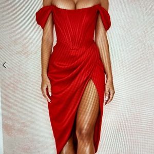 House of CB Red Off-Shoulder Draped Midi Dress